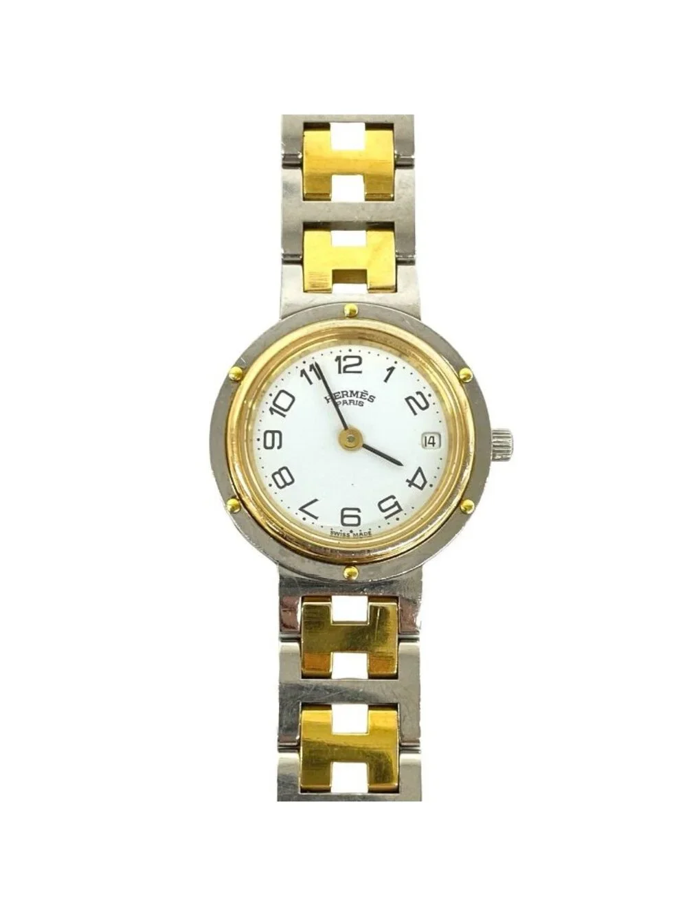 Hermes Clipper Stainless Quartz Watch Wrist Silver Gold